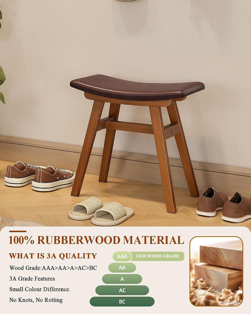 Solid Rubberwood Vanity Stool with Ergonomic Curved Seat, Vanity Bench | Upho...