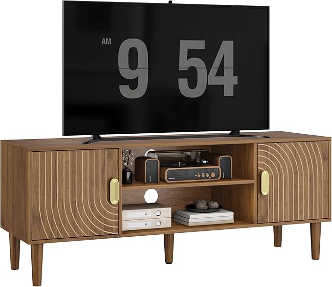 Smuxee Walnut TV Stand with Line Groove Design, 47.2" Mid Century Modern...