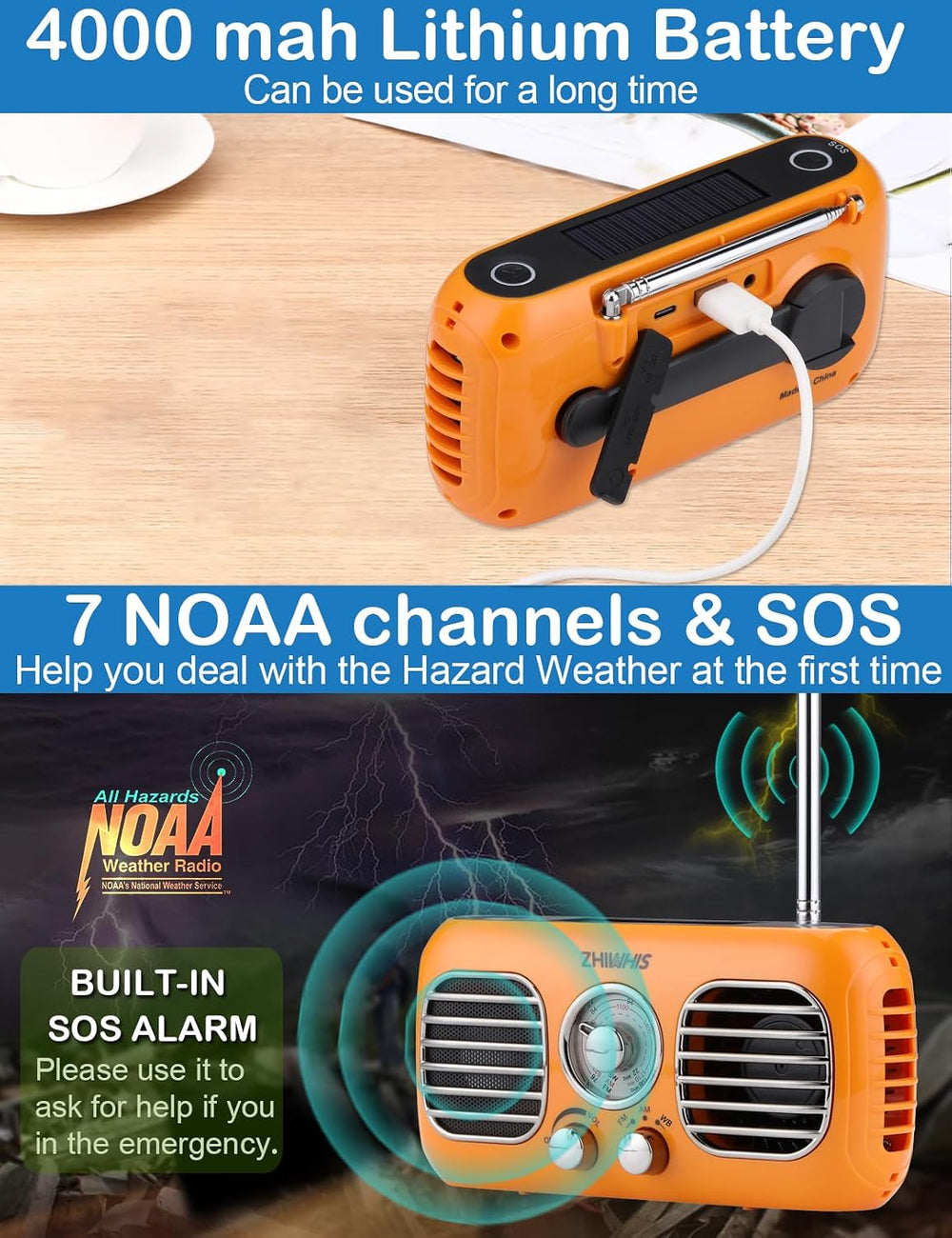 ZHIWHIS Emergency Radio with Portable Fan, AM/FM/WB Weather Radios with SOS S...