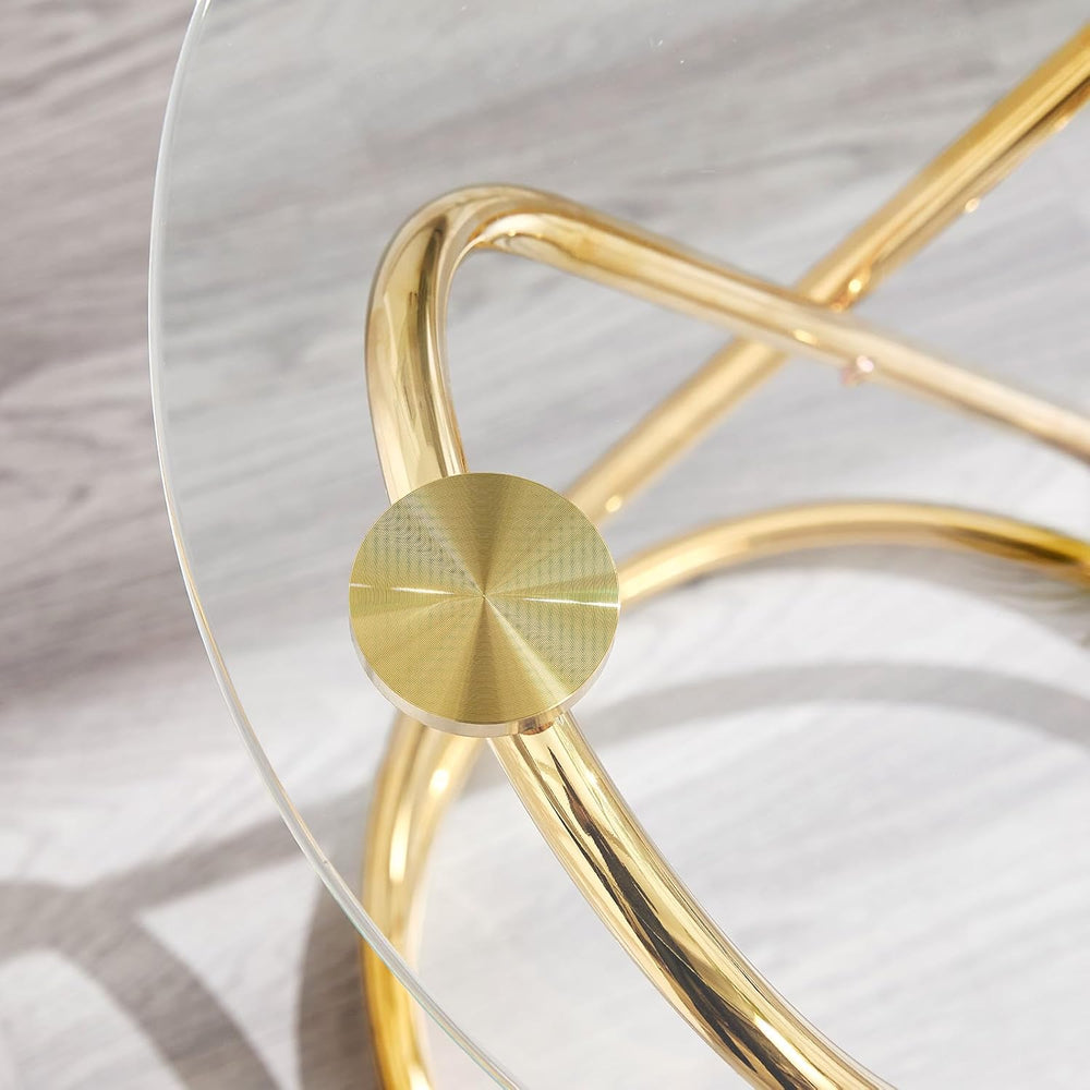BECHAEO 19.7" Round Glass Gold Side Table with Gold-Plated Metal Ring-Sh...