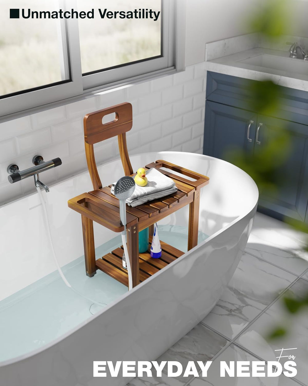 BLUEWEST 23.4 Inch Shower Chair with Backrest, 450 lb Capacity, Acacia Wood