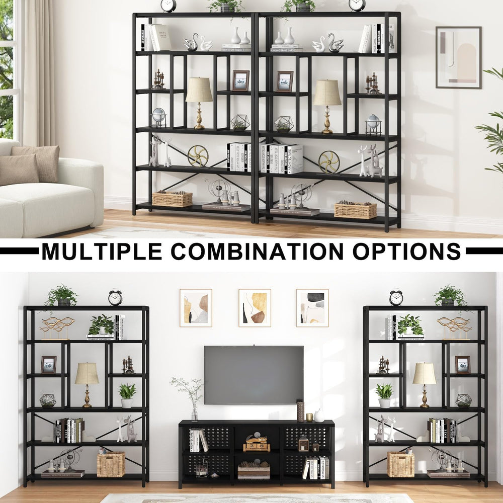 LVB 6 Tier Industrial Bookshelf for Bedroom Living Room Office, Black Oak