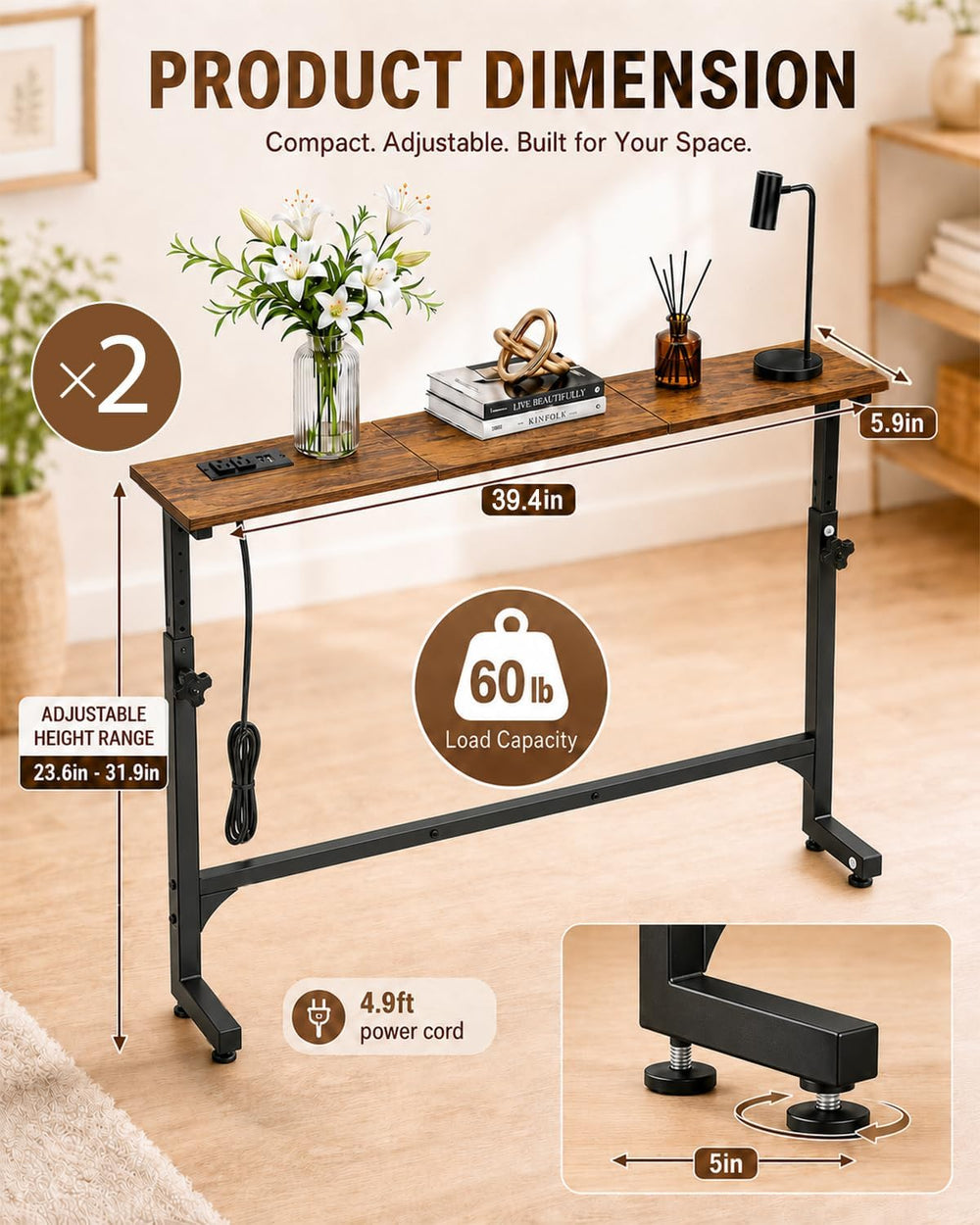 2Pack Behind Couch Table w/Charging Station Narrow Console Table | Adjustable...