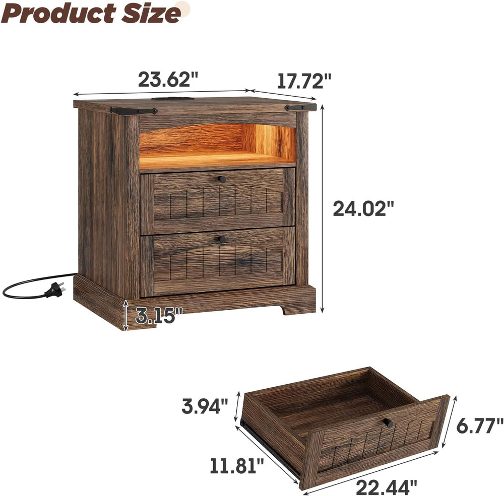 Vabches Nightstand with Charging Station and LED Lights, Vintage End Table wi...
