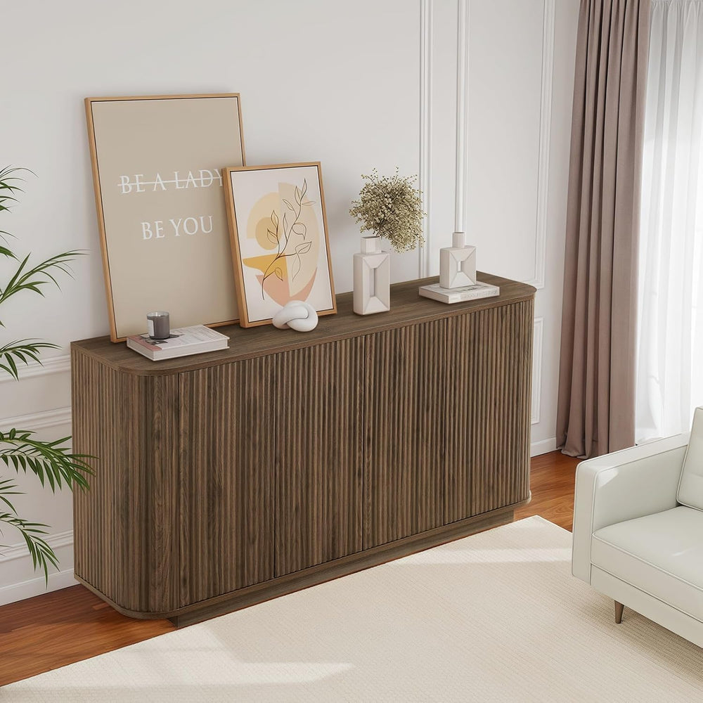 64" Sideboard Buffet Cabinet with Fluted Accent and Adjustable Shelves, ...