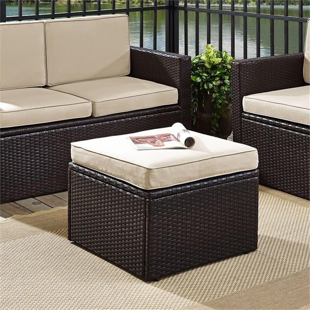 Pemberly Row Wicker Patio Ottoman, Brown Finish with Sand Cushions, Resin Wic...