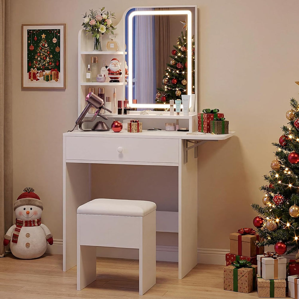 Haewon Small Makeup Vanity Set with Lighted Mirror and Chair, White | Built-I...