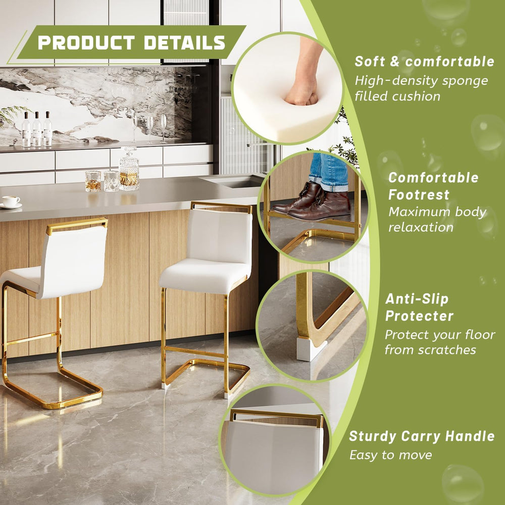 Bar Stools Set of 3,Gold Bar Stools with Back,25" White Island Chairs wi...