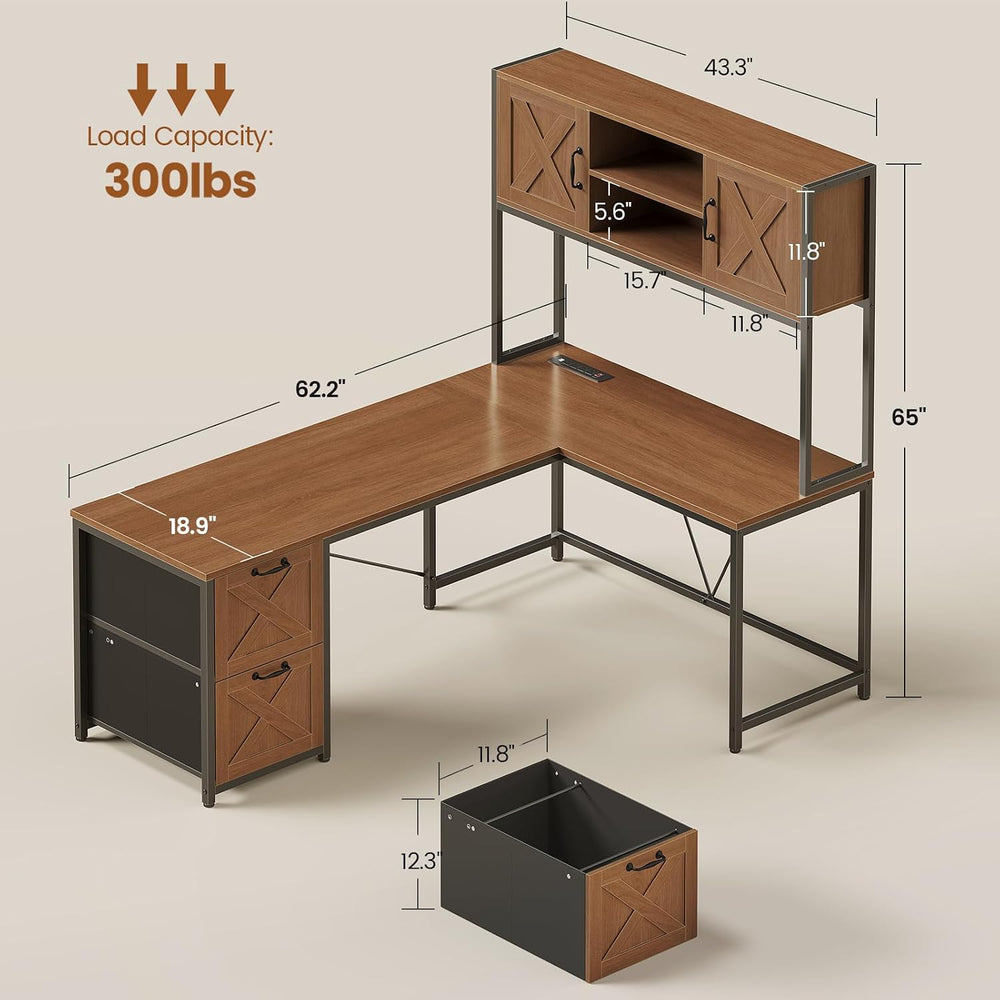 SEDETA Reversible Farmhouse L Shaped Office Desk with Drawer, Hutch