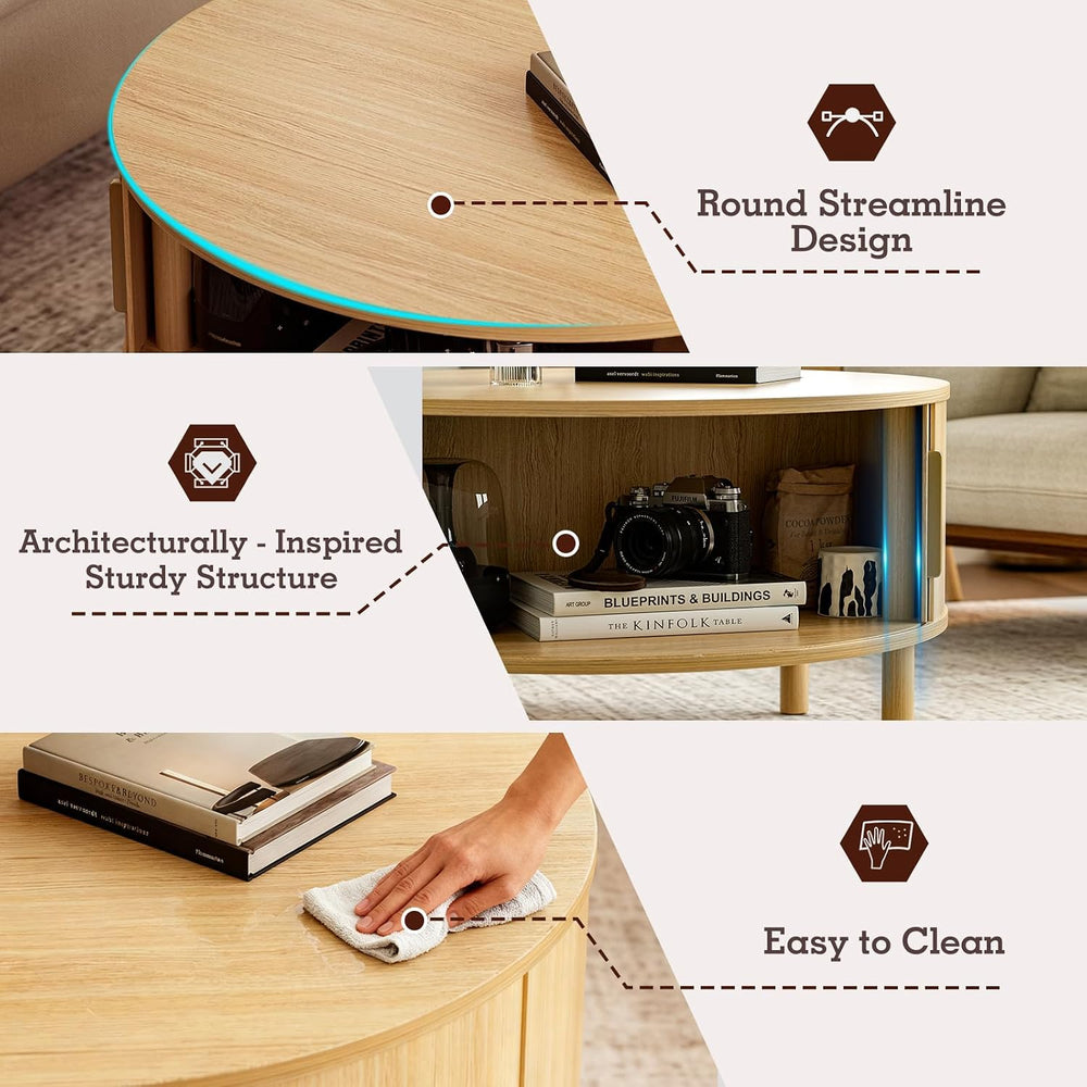 ZttRiee Round Coffee Table with Sliding Doors, Modern, Natural