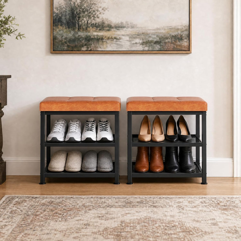 Small Shoe Storage Bench with PU Leather Seat Cushion, 3-Tier Freestanding Sh...