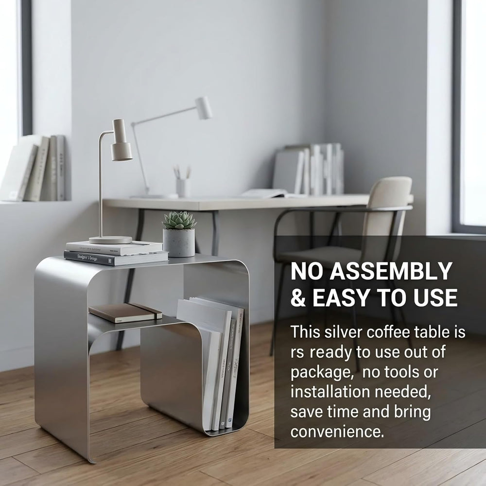 Stainless Steel Side Table, Modern End Table with Double Storage, One-Piece F...