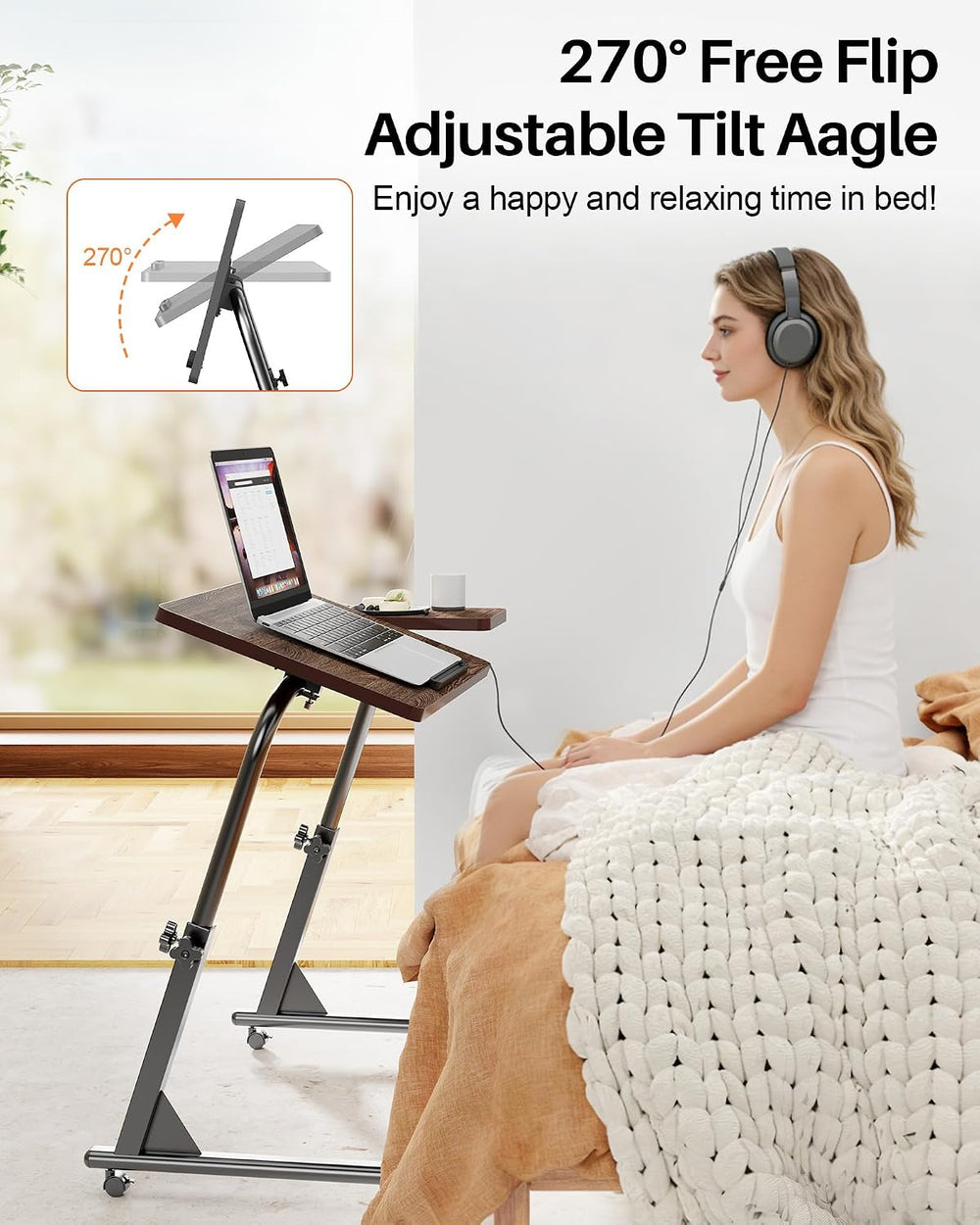 TV Tray Table with Wheels, Height Adjustable Folding Laptop Desk for Sofa | T...