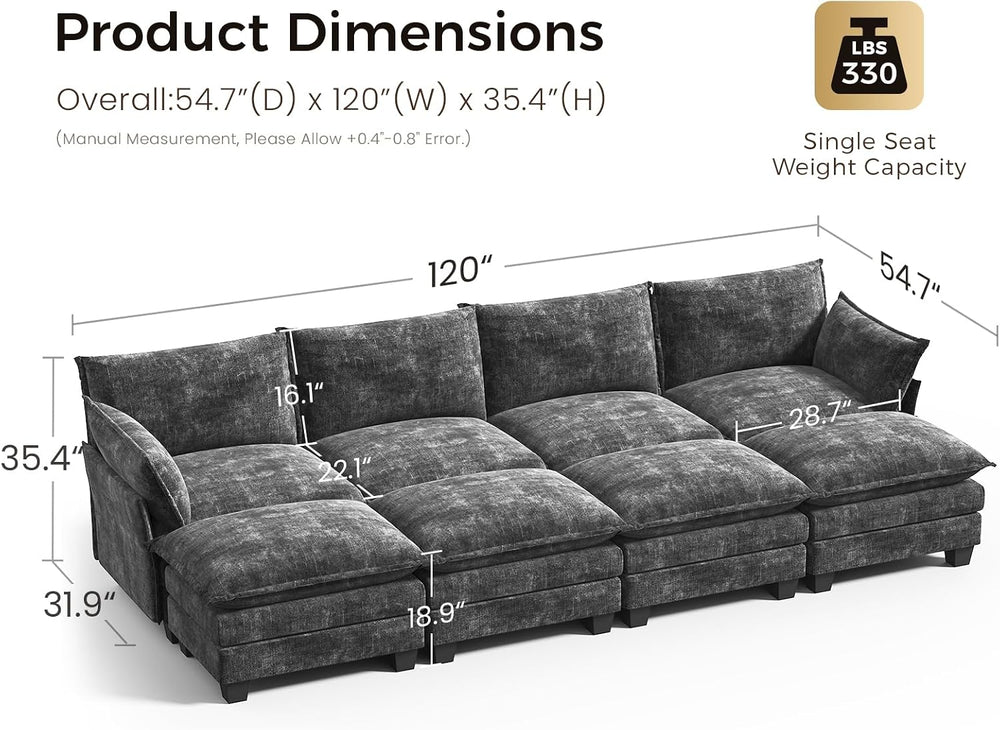 KKL 120" Huge Modular Sectional Sofa Bed, 8 Seater Convertible J/L/U-Sha...