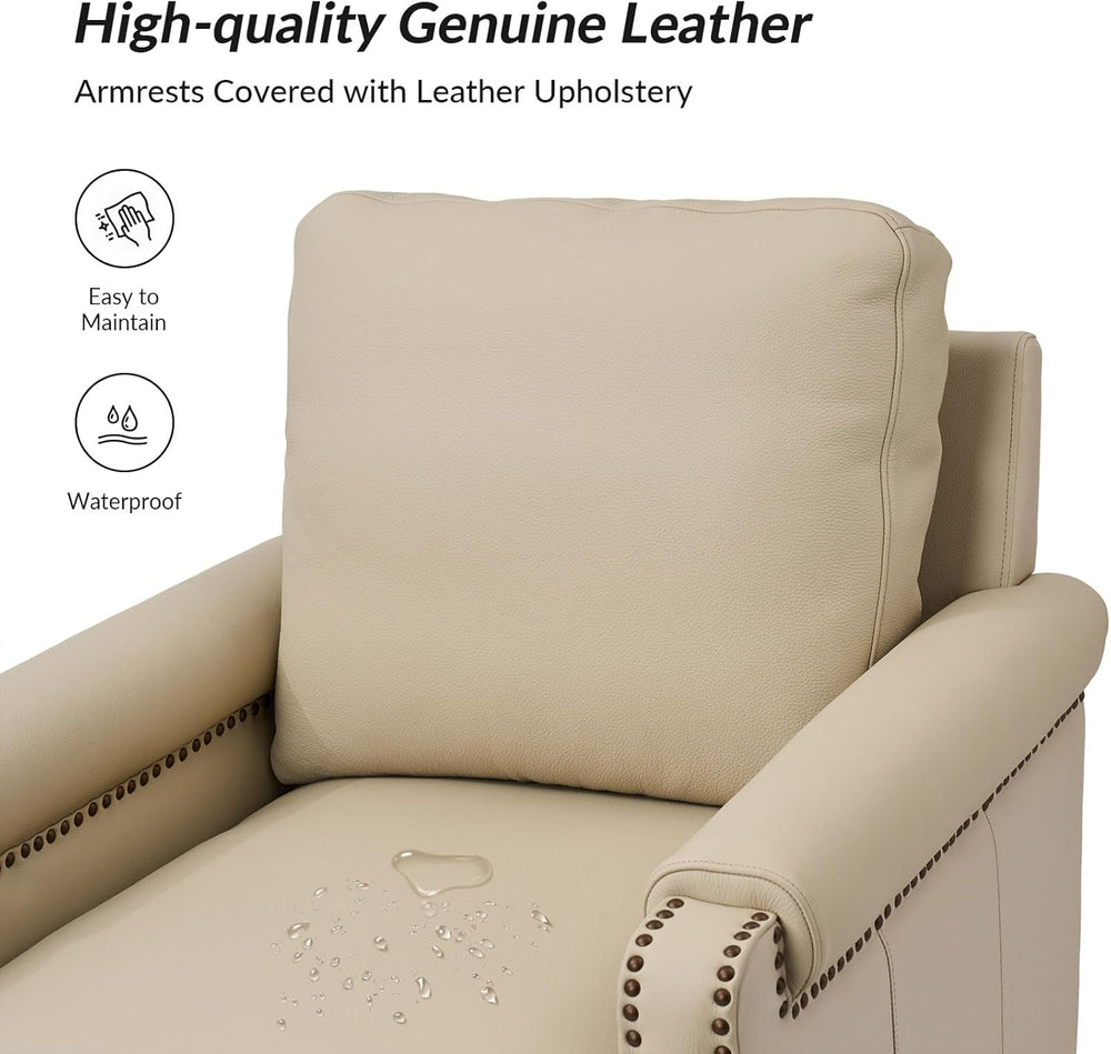 HULALA HOME Genuine Leather Accent Chair Set of 2 with Nailhead Trim, Beige |...