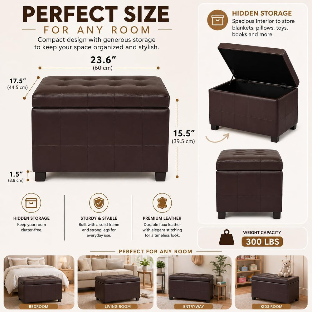 Upholstered Storage Ottoman with Hinged Lid, 23.6-Inch Faux Leather Tufted Cu...