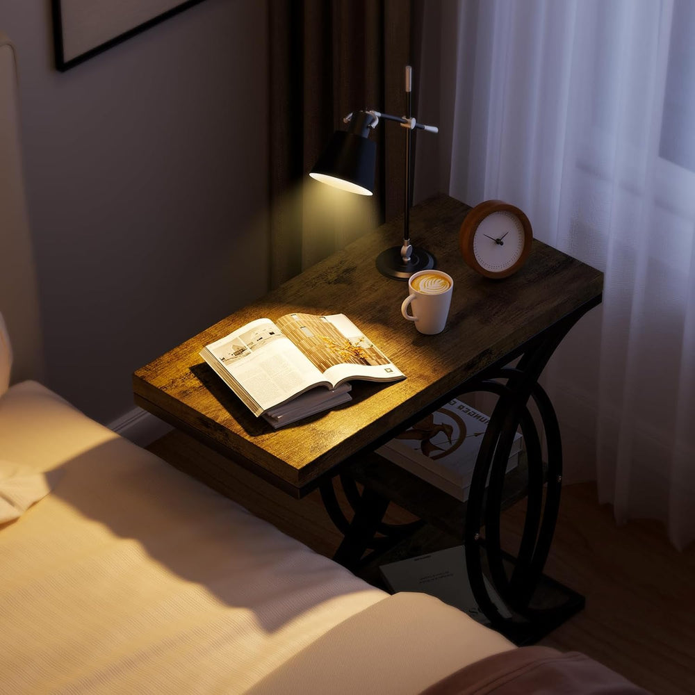 C Shaped End Table, Bed Side Table, 3-Tier Side Table with Metal Frame, Wood ...