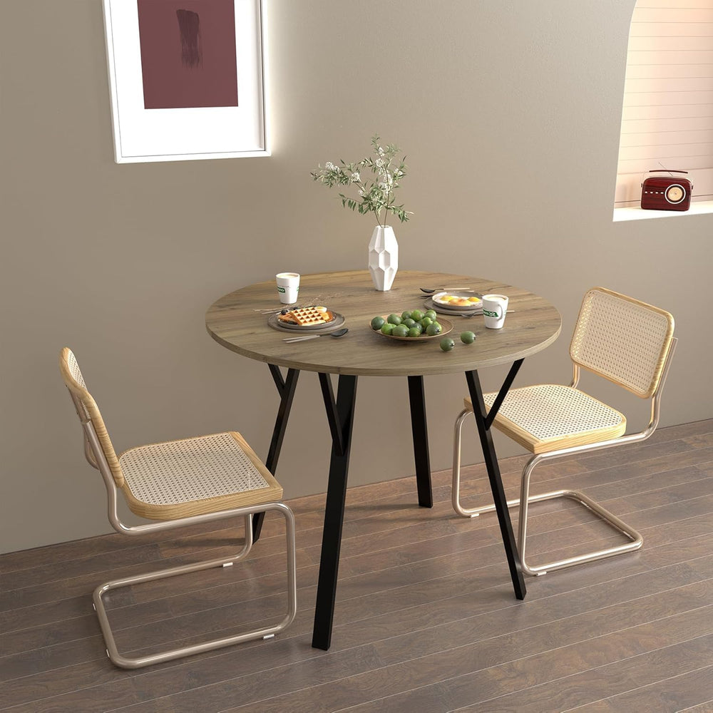 Round Dining Table with Metal Black Legs,35.43 Inch Circle Brown Kitchen Tabl...