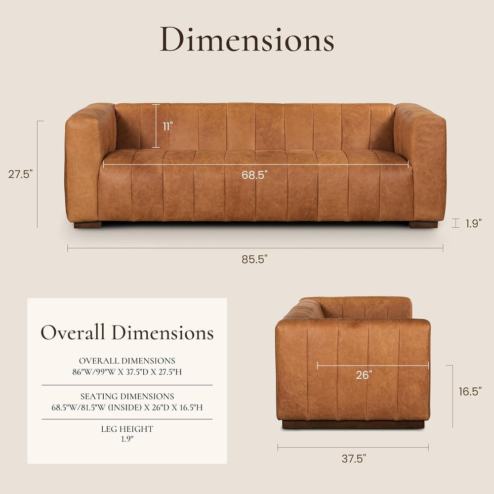 POLY & BARK Canale Sofa – 86" Channel-Tufted Italian Leather Couch –...