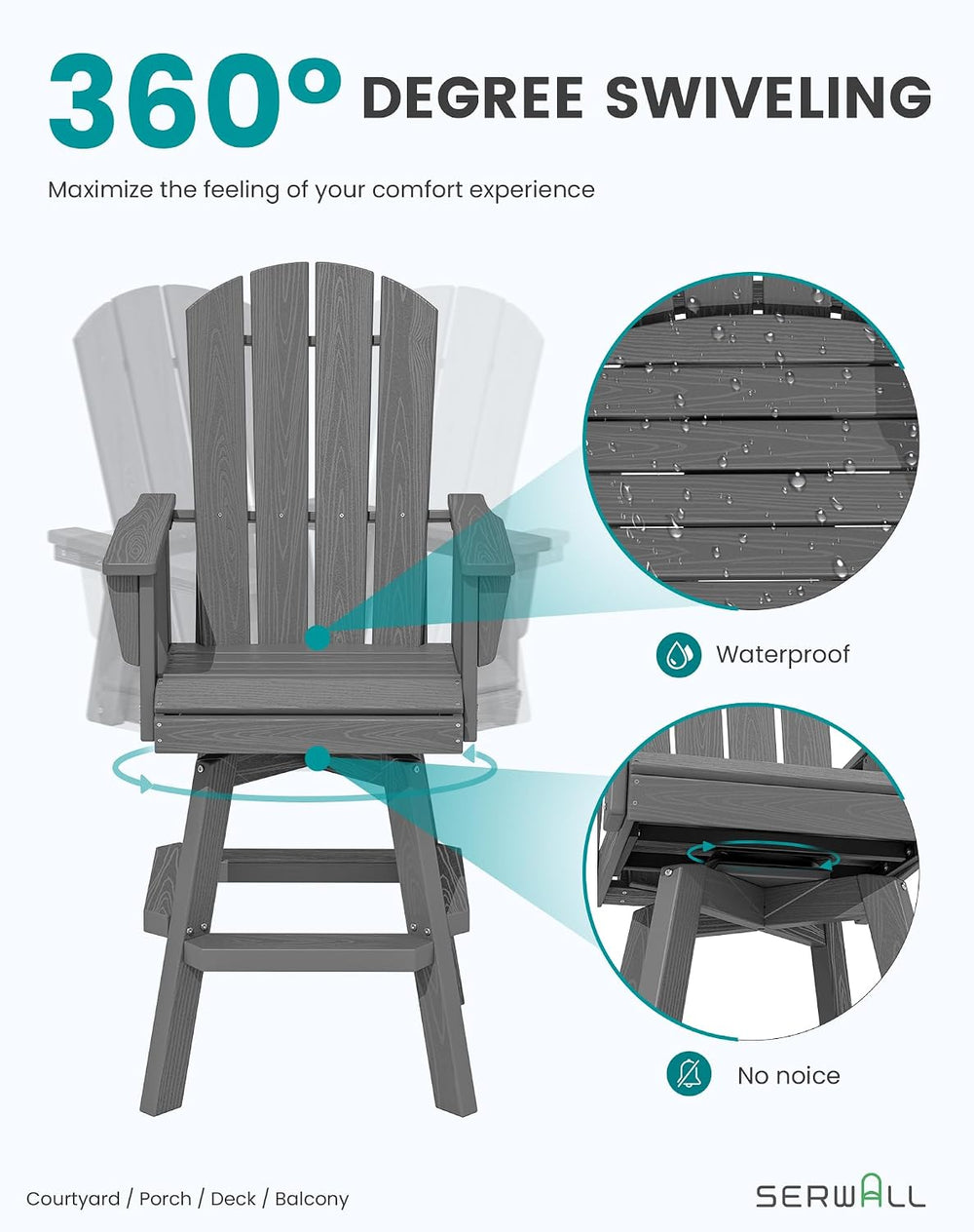 SERWALL Swivel Adirondack Barstools Set of 2, HDPE Outdoor Swivel Bar Chairs ...