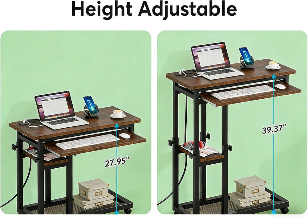 Side Table with Wheels, Mobile C Table,Narrow Desk,Convenient Charging Station