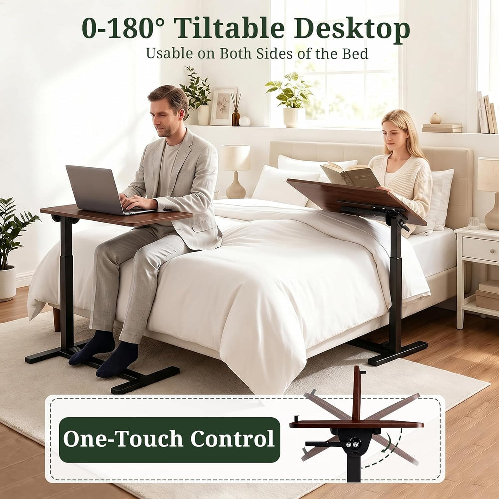 Overbed Bedside Table with Wheels, Foldable Rolling Desk Adjustable Height