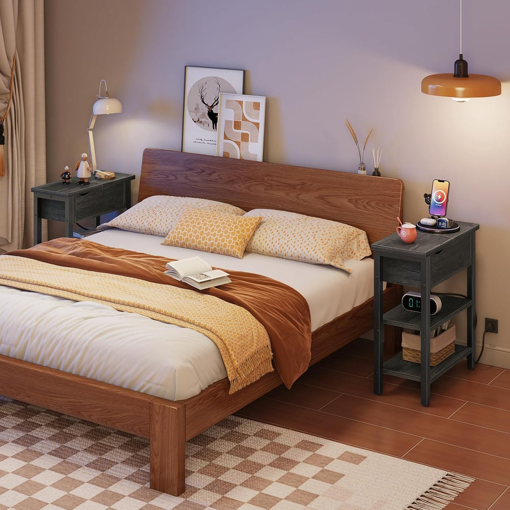 HOOBRO End Table with Charging Station, Narrow Side Table, Flip Top Nightstan...