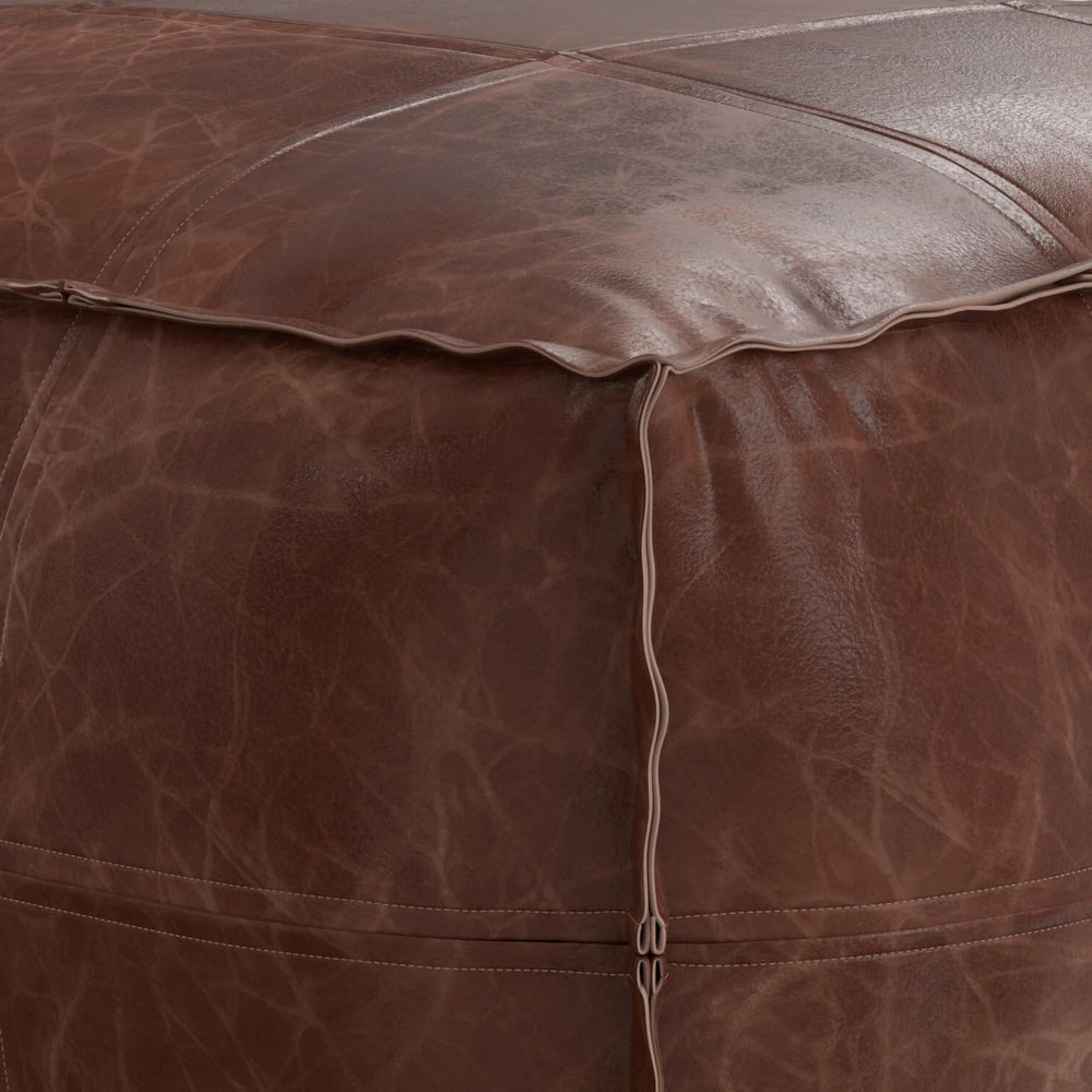 SIMPLIHOME Brody 26" Wide Genuine Leather Square Pouf in Distressed Brow...