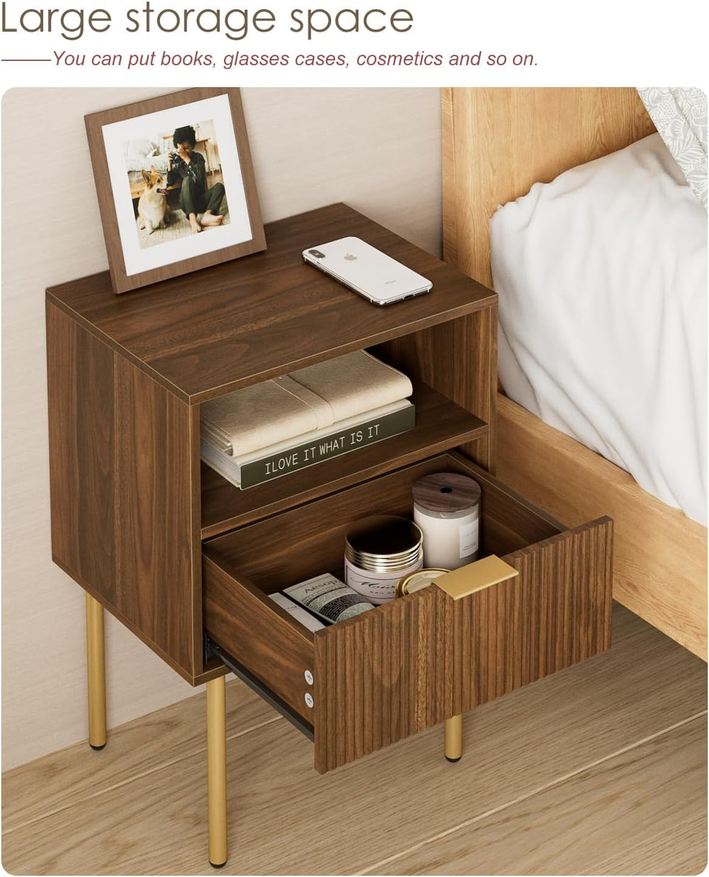 Nightstand,Small Bedside Table with Gold Frame,Walnut Night Stand,Bedside Fur...