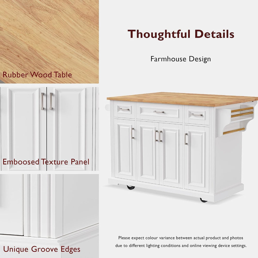 54" Folding Kitchen Island, Embossed Texture&Silver Handle,White | R...
