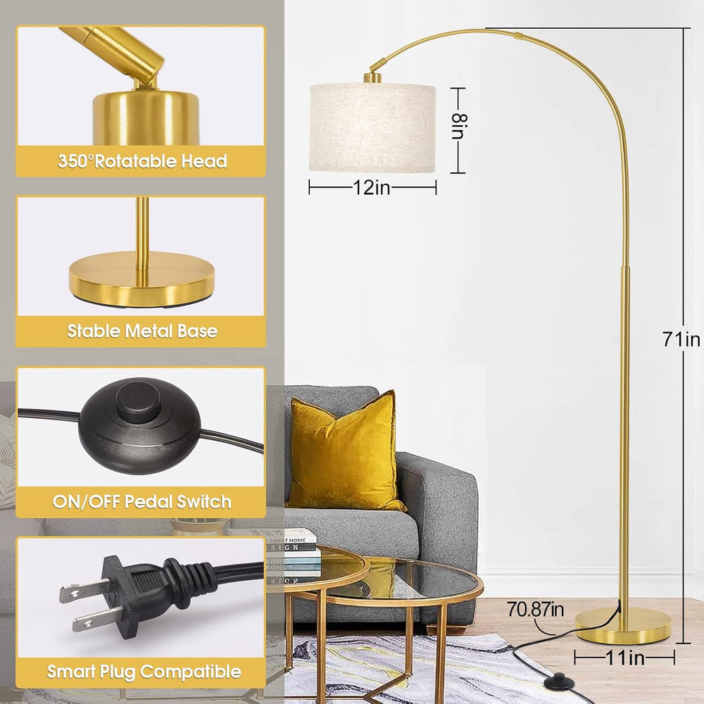 Gold Floor Lamp, Arc Floor Lamp for Living Room with Adjustable Drum Lampshad...