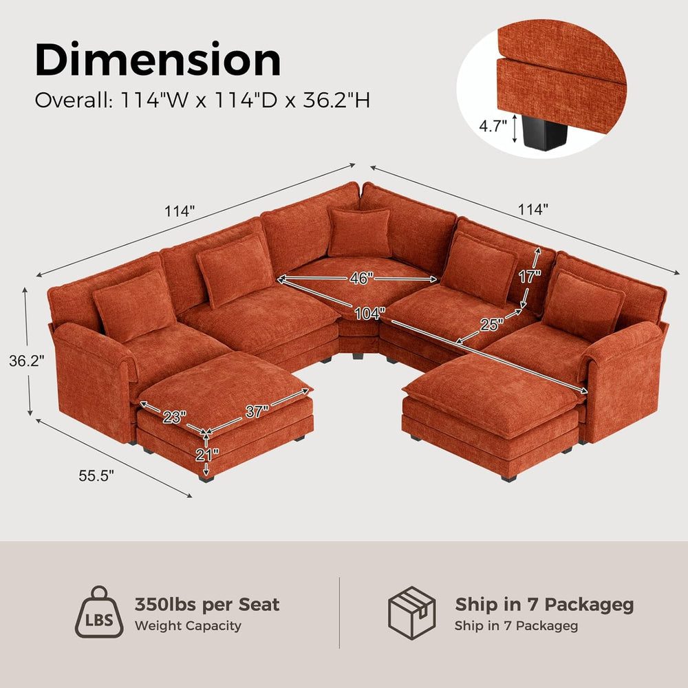 ELUCHANG 114" Oversized Modular Sectional Sofa, Comfy Chenille Cloud Cou...