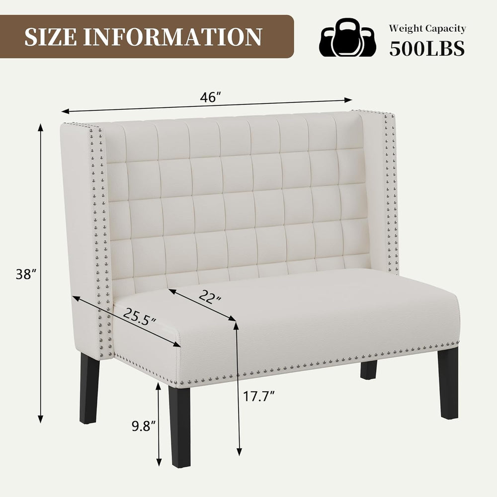 White Faux Leather Loveseat Settee, Modern Tufted Upholstered Bench with Back...