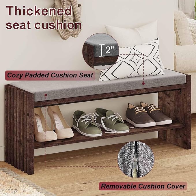 BON AUGURE Entryway Bench with Shoe Storage, 2-Tier Shoe Rack Bench with Cush...