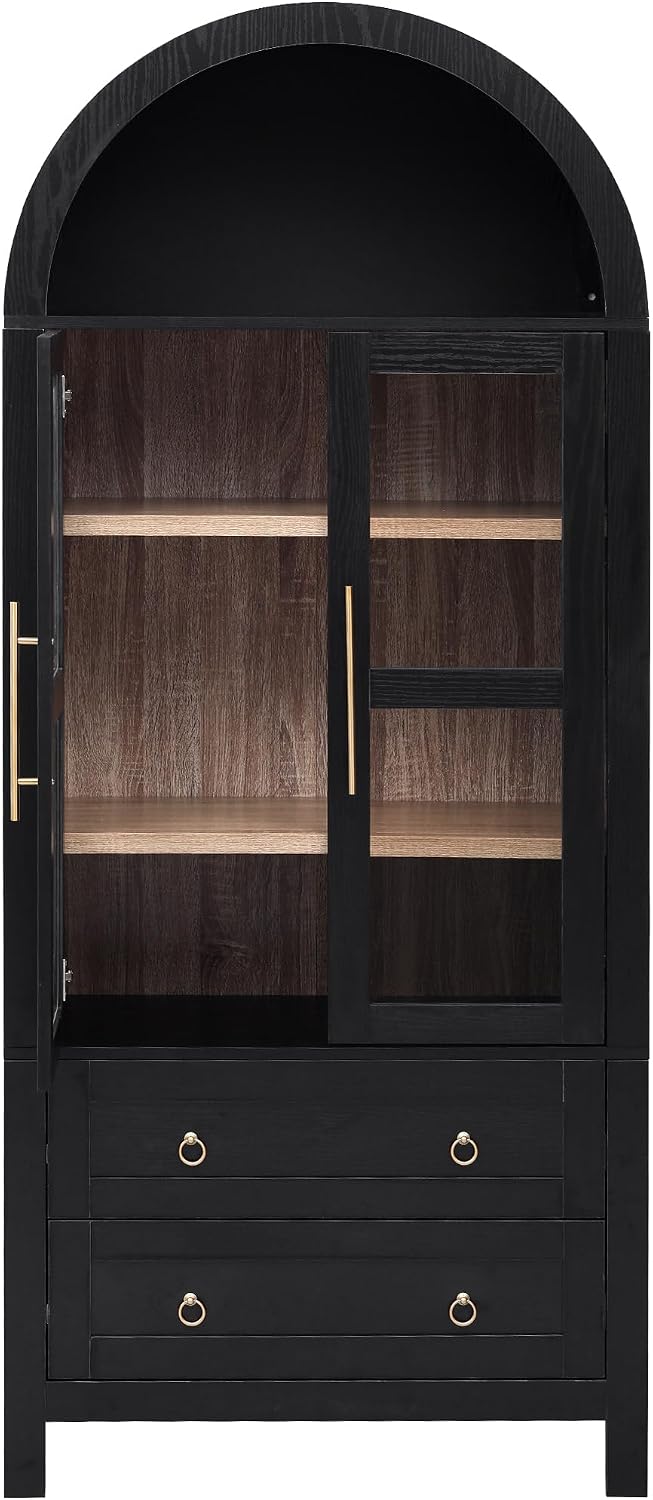 71" Tall Arched Kitchen Pantry Cabinet with Glass Doors, Modern Wood Chi...