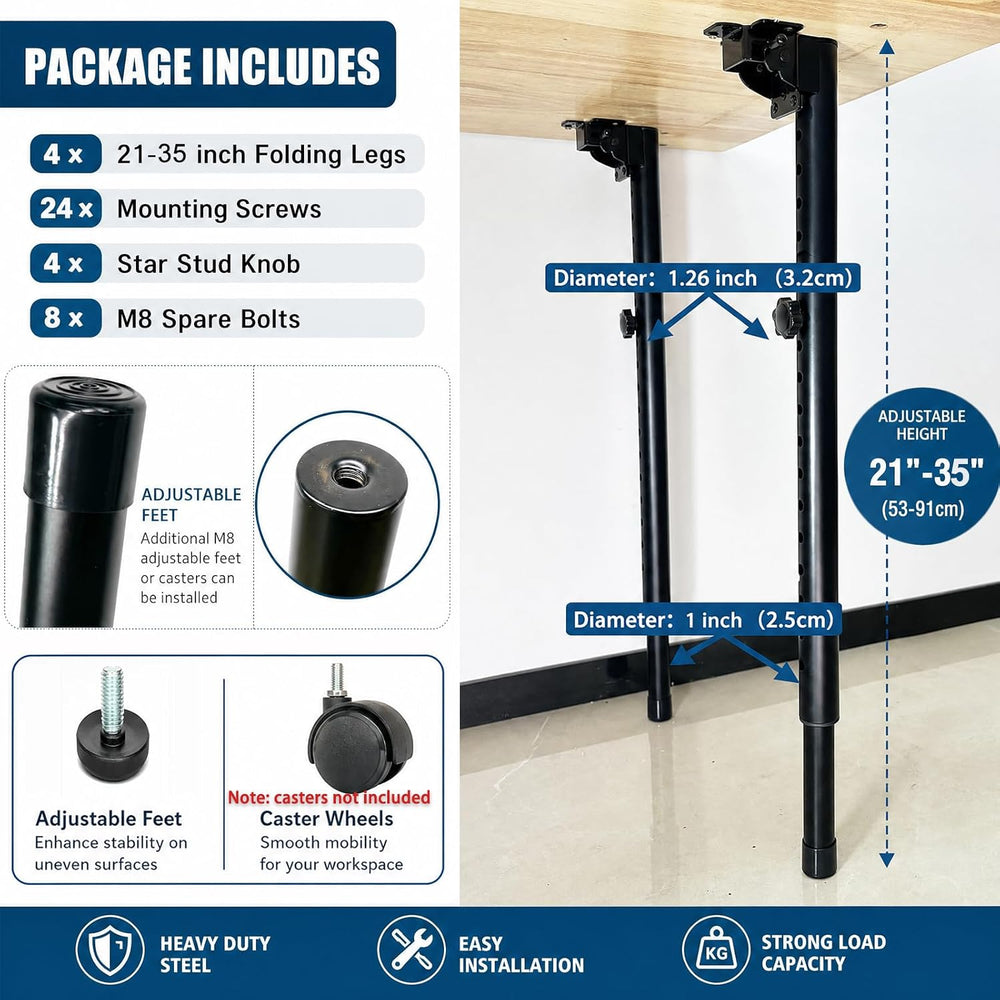 Benbuoo Folding Adjustable Table Legs 21 to 35 inch, Metal Telescopic Storage...
