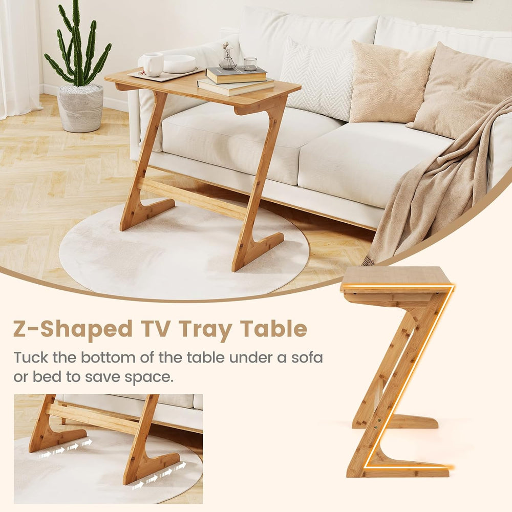 Giantex Bamboo TV Tray Table Set of 2, Z Shaped Sofa Side Table for Eating Sn...