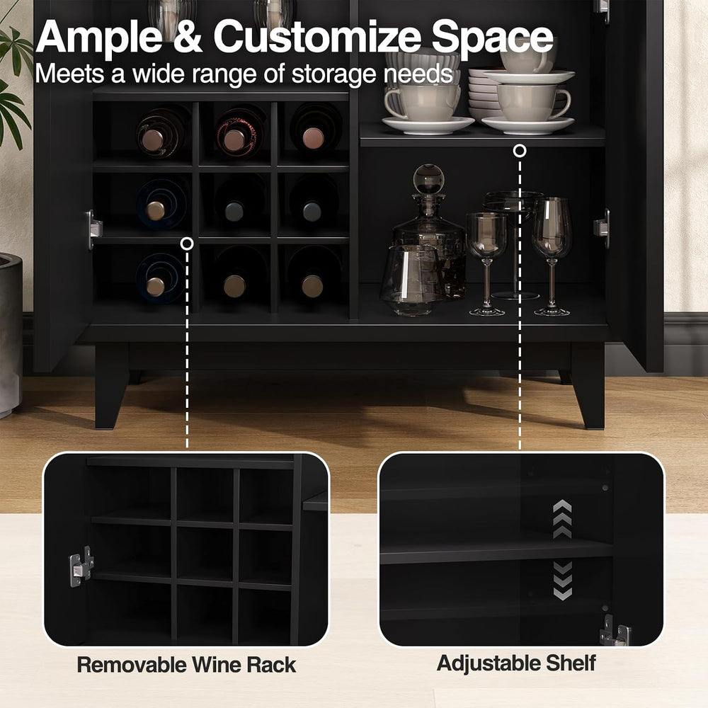 Vabches Modern Fluted Coffee Bar Cabinet with Removable Wine Rack, Black