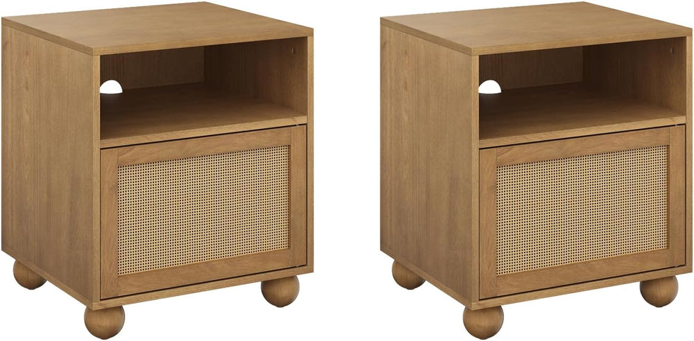 Nathan James Franco Faux Rattan Side Table Nightstand with Storage, Rustic Be...
