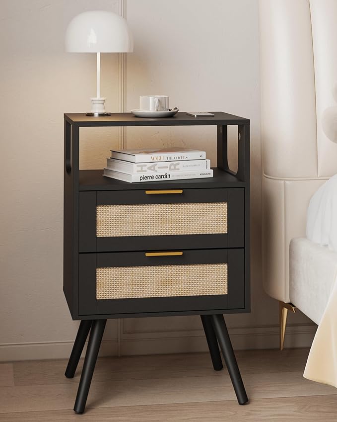 Rattan Nightstand,Farmhouse Bedside Table with 2 Storage Drawer and Open Wood...