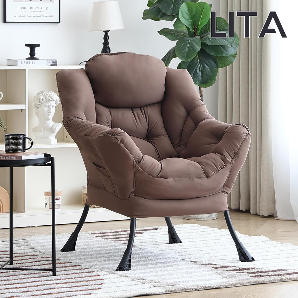 LITA Lazy Chair with Armrests and Side Pocket, Modern Upholstered Accent Read...