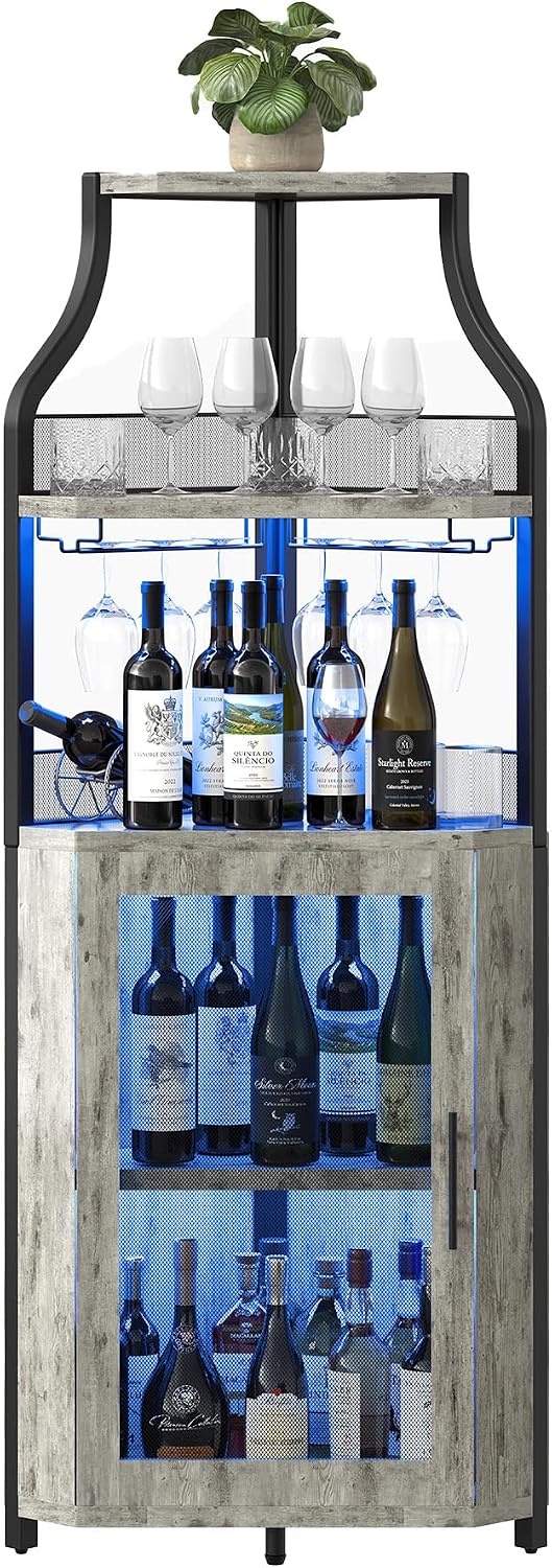 GarveeHome 5-Tiers Bar Cabinet, Corner Wine Cabinet with LED Lights