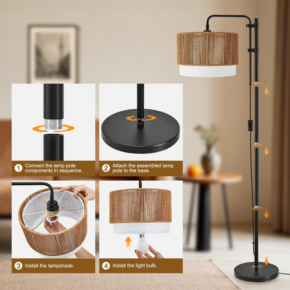 GyroVu Rattan Floor Lamp for Living Room, Adjustable Height Standing Lamp