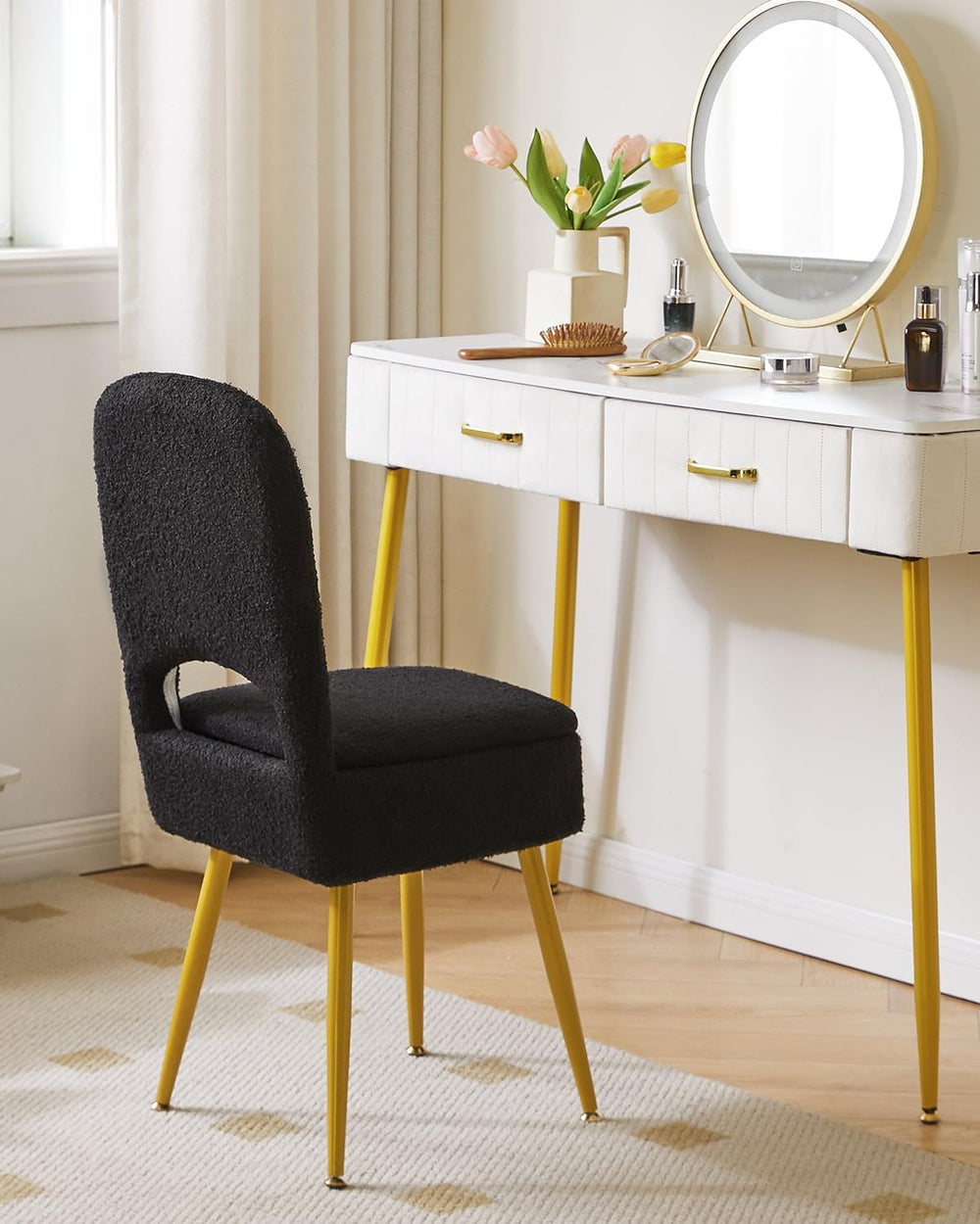 IBUYKE Storage Vanity Stool Chair with Folding Backrest, Black WBD027B