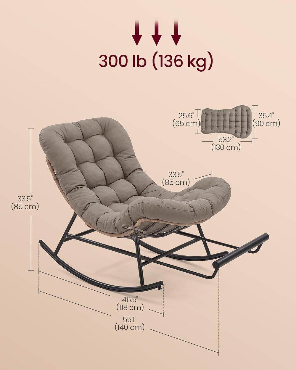 VASAGLE Outdoor Rocking Chair with Extendable Footrest, Removable Cushion | P...