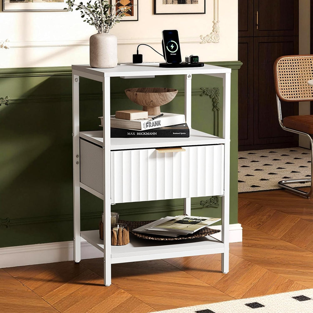 Bonnlo Fluted Nightstand Set of 2, End Table with Fabric Drawer with Charging...