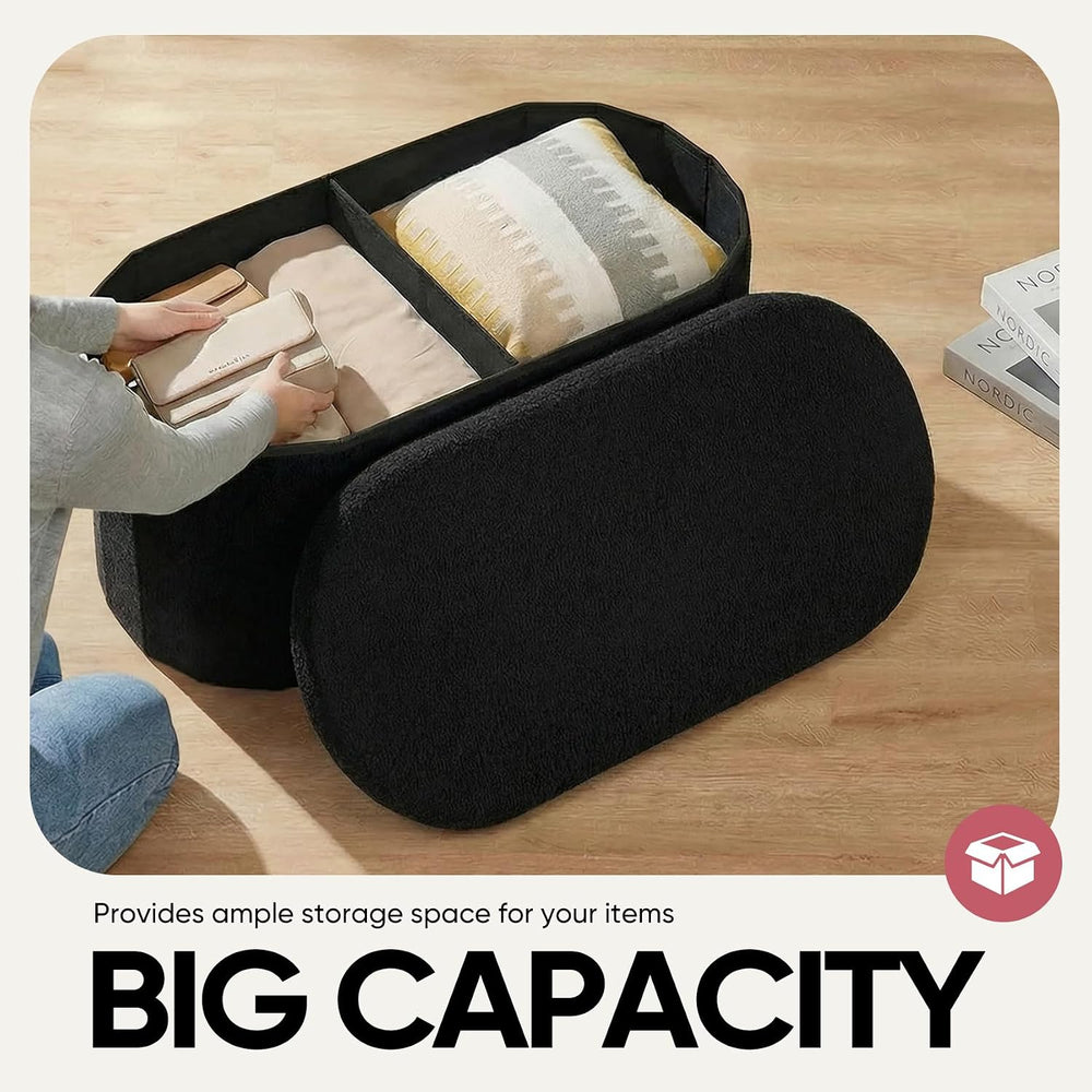 30 Inches Oval Ottoman with Storage, Boucle Sherpa Storage Ottoman Bench, Fol...