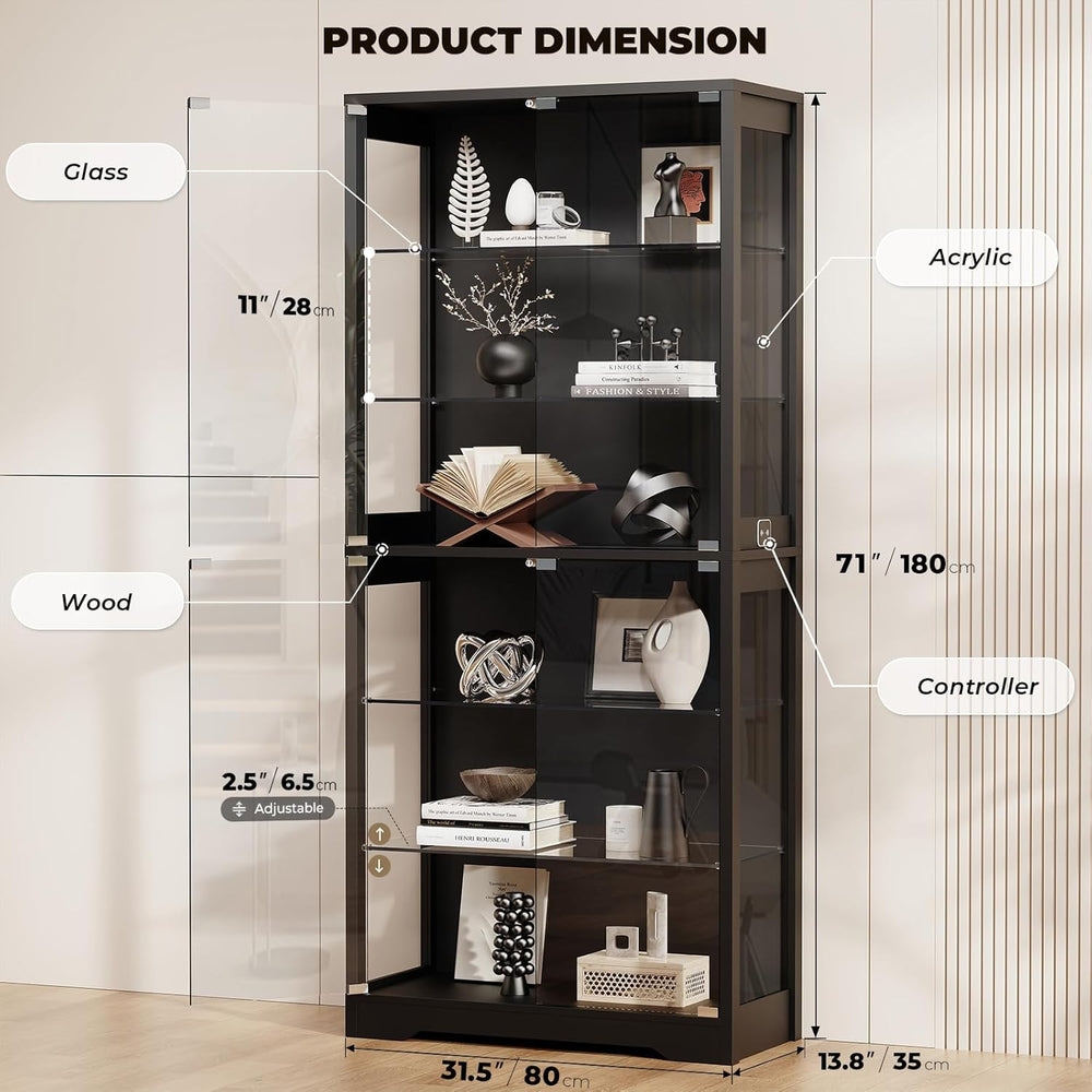 BROTTAR 71" Tall Display Cabinet with Glass Door and 3-Color Lights, Black