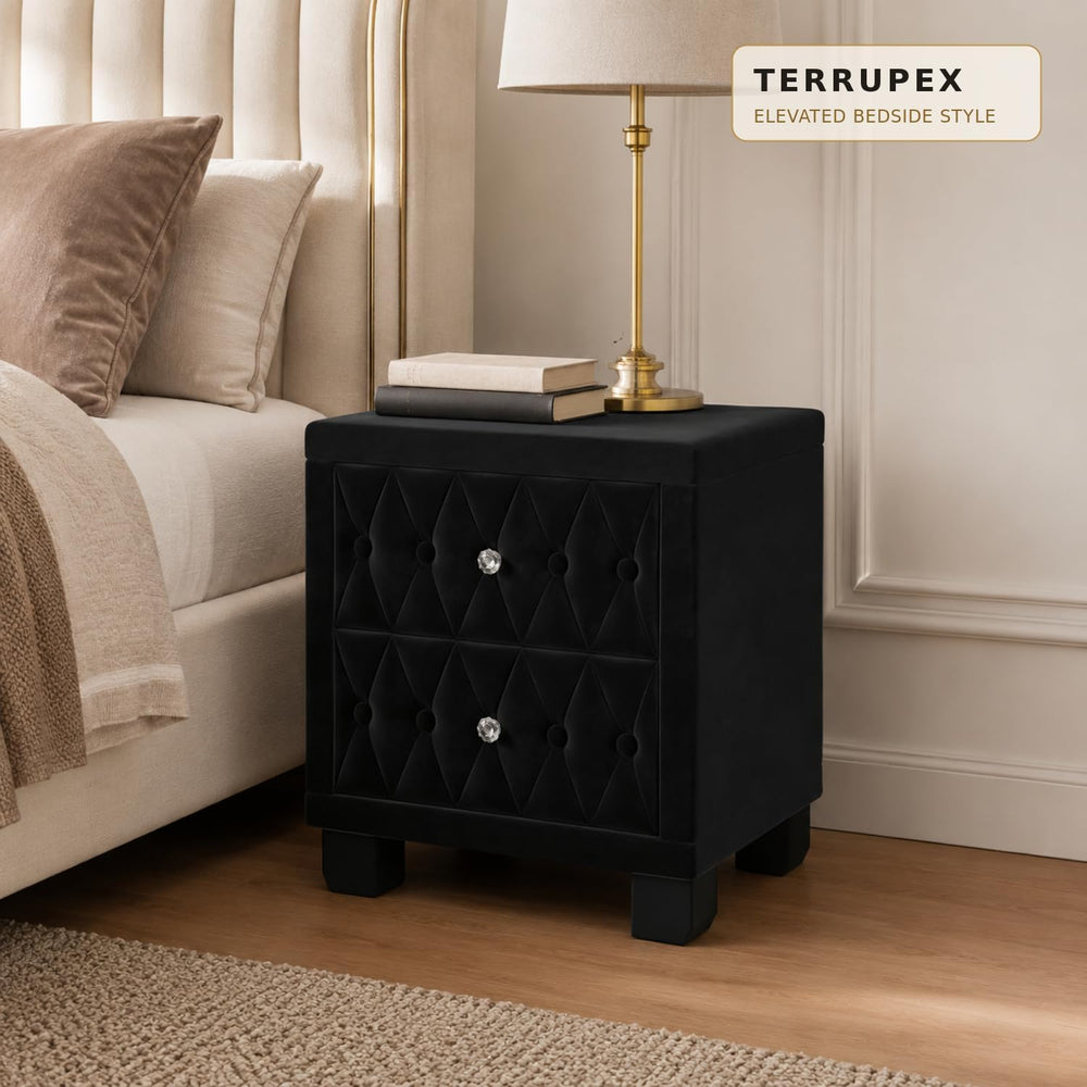 Bedside Table Nightstand with 2 Drawers, Velvet Button-Tufted Night Stand wit...
