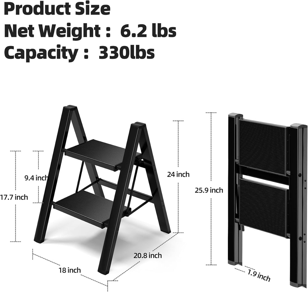 HillhutApex Aluminum Step Stool Foldable,2 Step Ladder (Black)